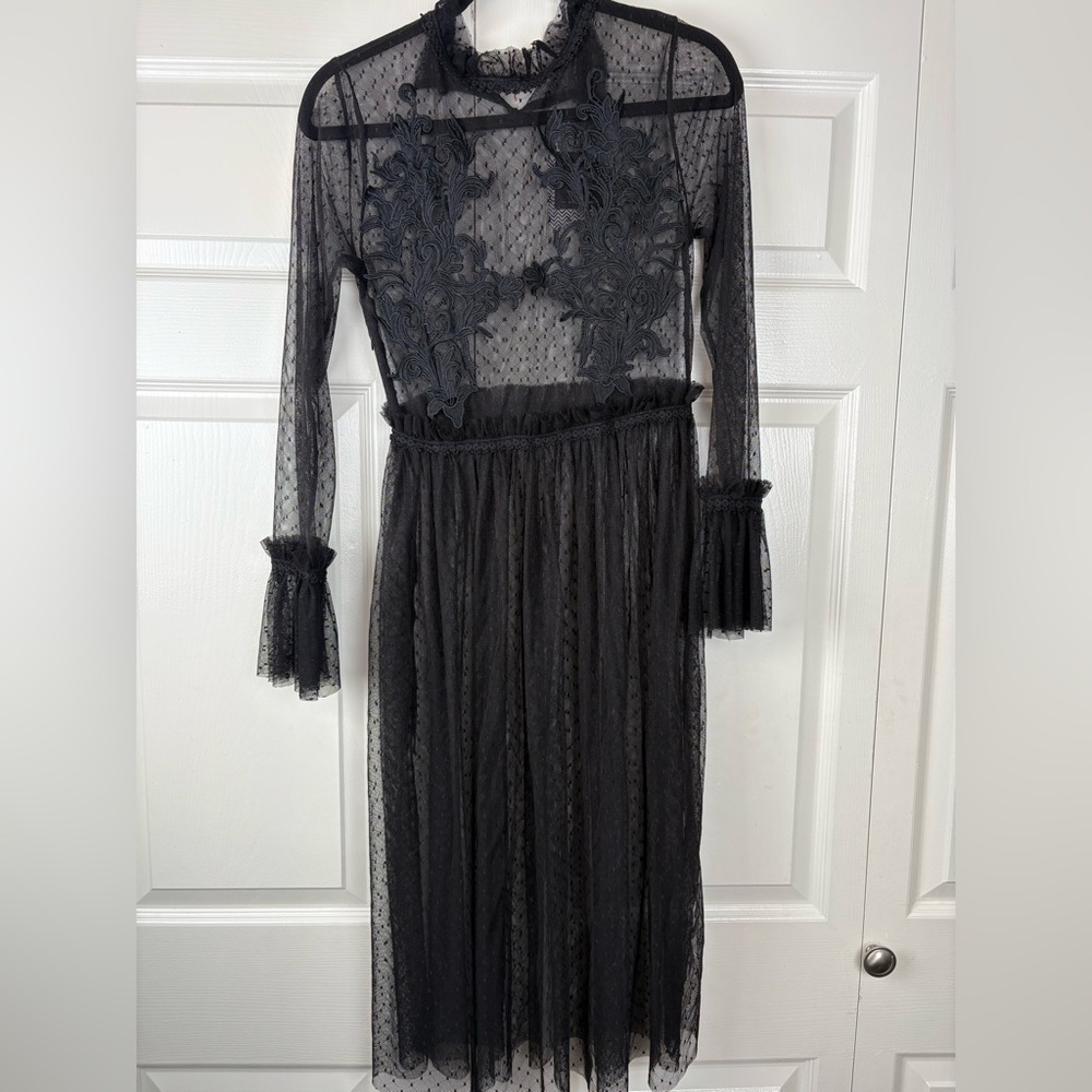 Pagaz Black Sheer Lace Tulle Midi Dress Gothic Victorian Bell Sleeve Sz Med NWT